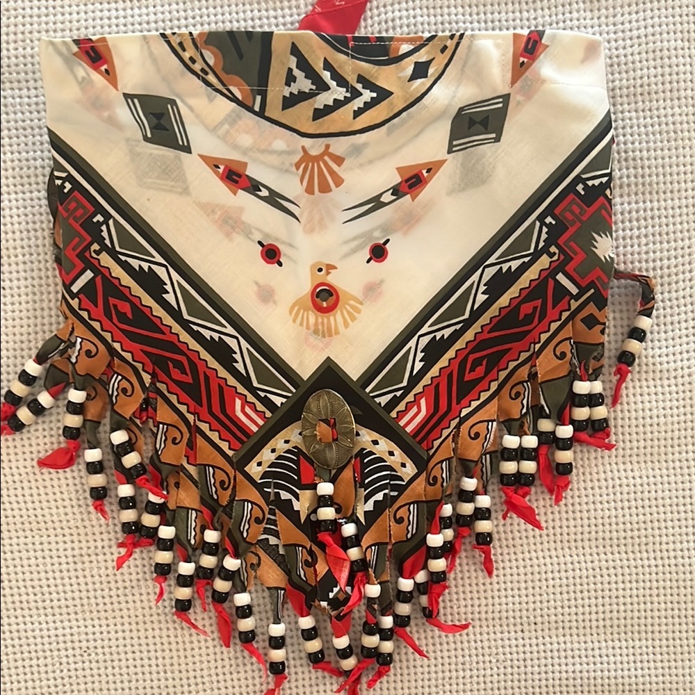 Tribal Patterned Scarf with Beaded Fringe